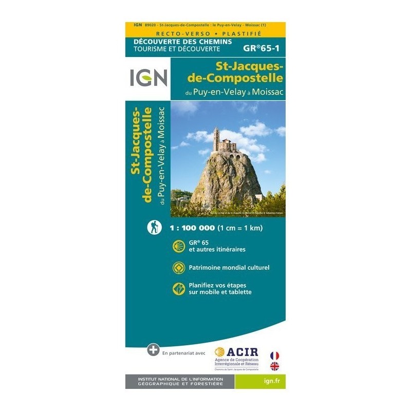 Carte IGN 89020 St Jacques de Compostelle : du Puy en Velay à Moissac - Plastifié